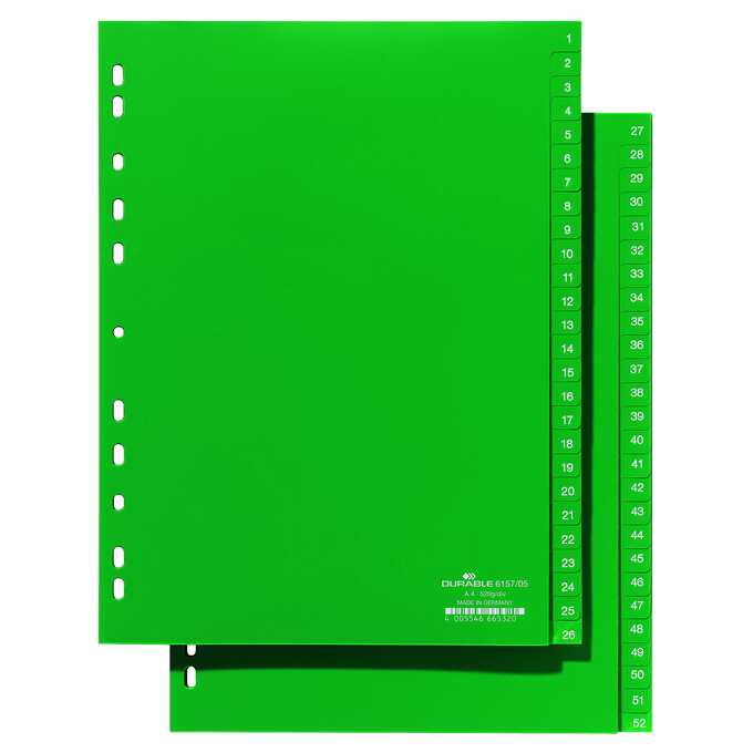 Przekładki A4 zielone, nadrukowane indeksy, 1-52