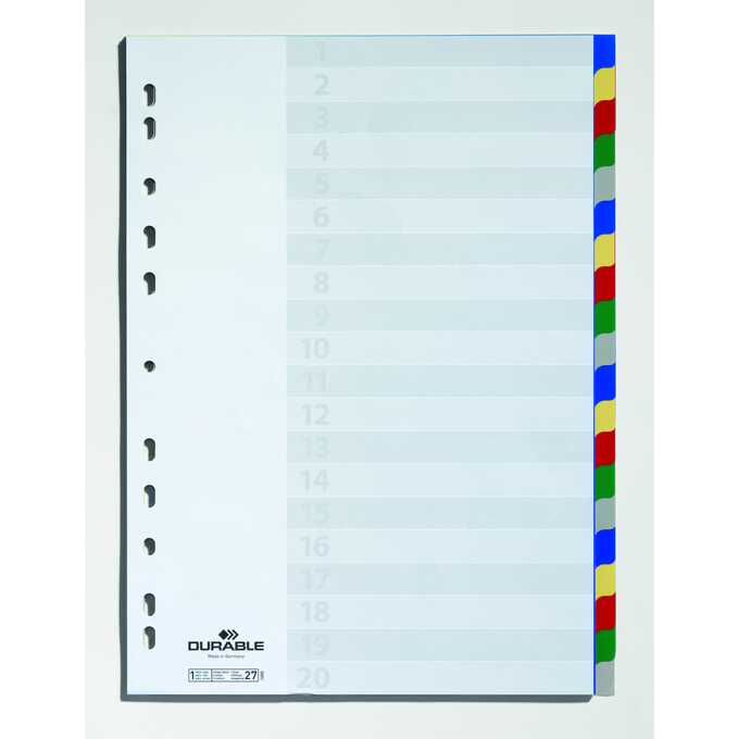 Przekładki PP A4, kolorowe indeksy, 20 części