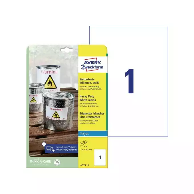 ETYKIETA A4 210X297 AVERY ZWECKFORM HEAVY DUTY A4 BIAŁA 10ARK DO DRUKARKI ATRAMENTOWEJ
