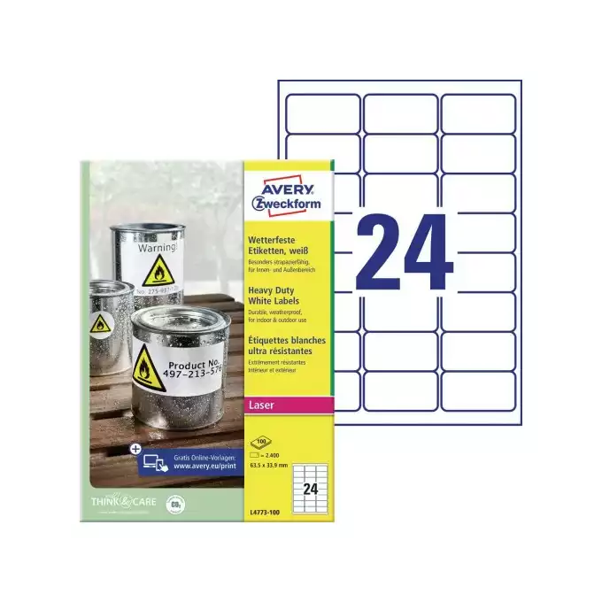 ETYKIETA A4 63,5X33,9 AVERY ZWECKFORM HEAVY DUTY BIAŁA 100ARK