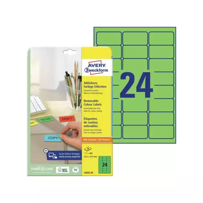 ETYKIETA A4 63,5X33,9 USUWALNE ZIELONE AVERY ZWECKFORM 20ARK