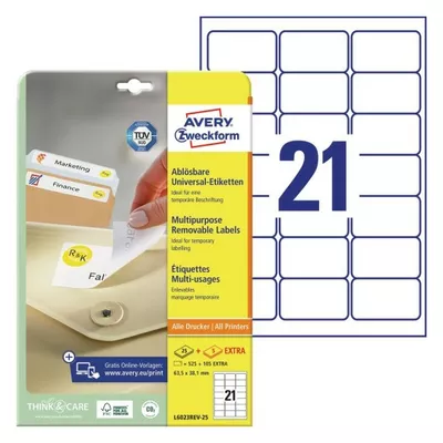 ETYKIETA A4 63,5X38,1 AVERY ZWECKFORM UNIWERSALNA USUWALNA 25ARK + 5 EKSTRA