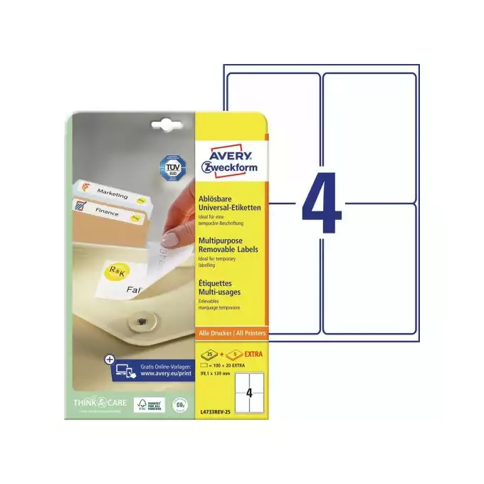 ETYKIETA A4 99,1X139 AVERY ZWECKFORM UNIWERSALNA USUWALNA 25ARK + 5 EXTRA