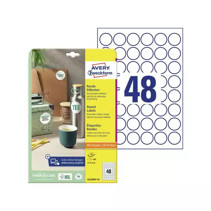 ETYKIETA A4 OKRĄGŁA ŚR.30MM USUWALNA AVERY ZWECKFORM BIAŁA 10ARK / 880 ETYKIET