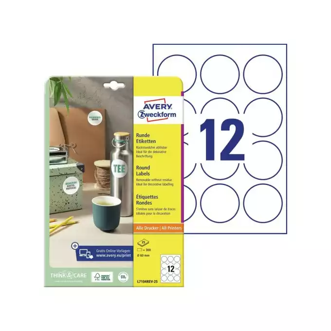 ETYKIETA A4 OKRĄGŁA ŚR.60MM AVERY ZWECKFORM 25ARK / 300 ETYKIET