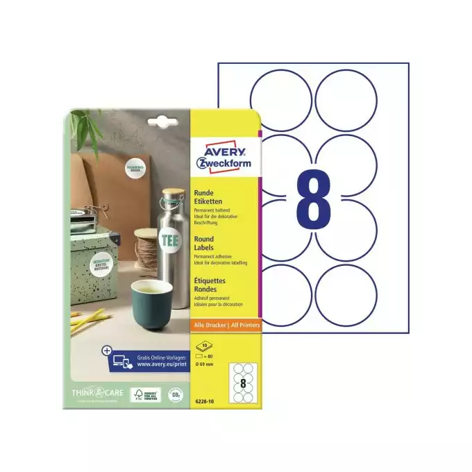 ETYKIETA A4 OKRĄGŁA ŚR.69MM AVERY ZWECKFORM BIAŁA 10ARK / 80 ETYKIET