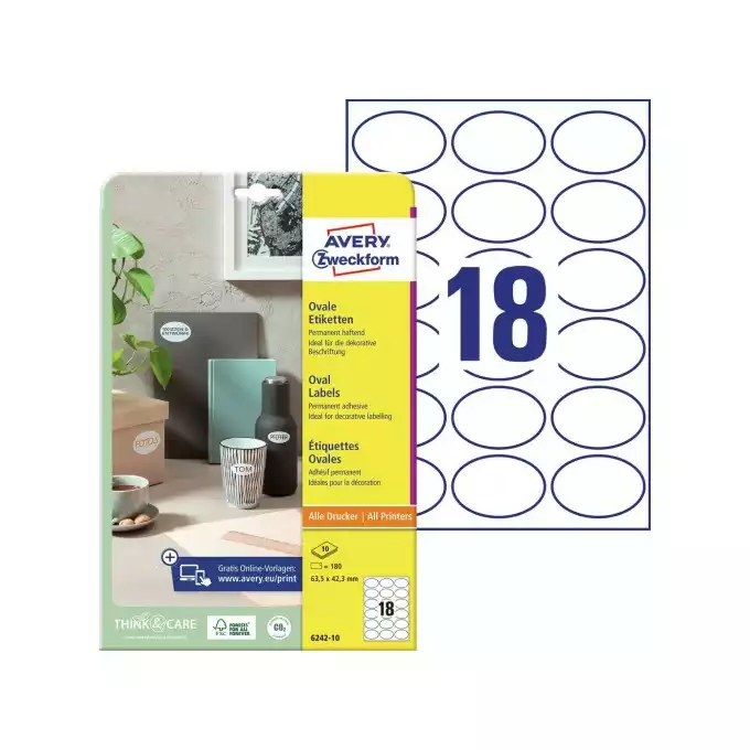 ETYKIETA A4 OWALNA 63,5X42,3 AVERY ZWECKFORM BIAŁA 10ARK / 180 ETYKIET