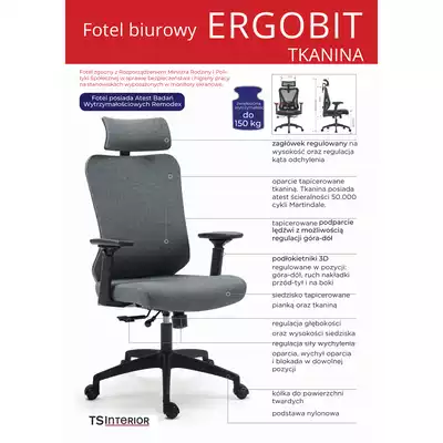 FOTEL ERGONOMICZNY ERGOBIT Z ZAGŁÓWKIEM TKANINA SZARY