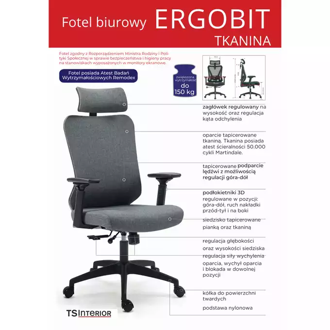 FOTEL ERGONOMICZNY ERGOBIT Z ZAGŁÓWKIEM TKANINA SZARY